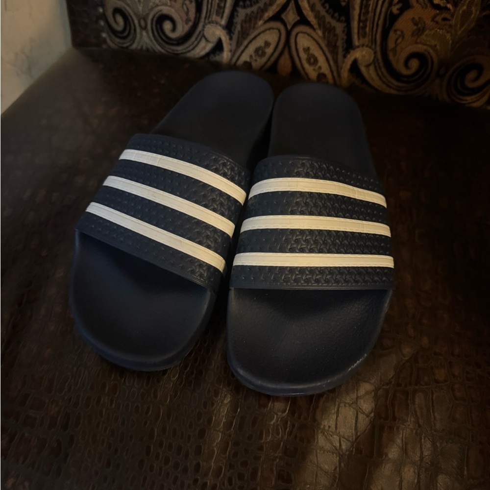 adidas Men's Dark Blue and White Slide Sandals